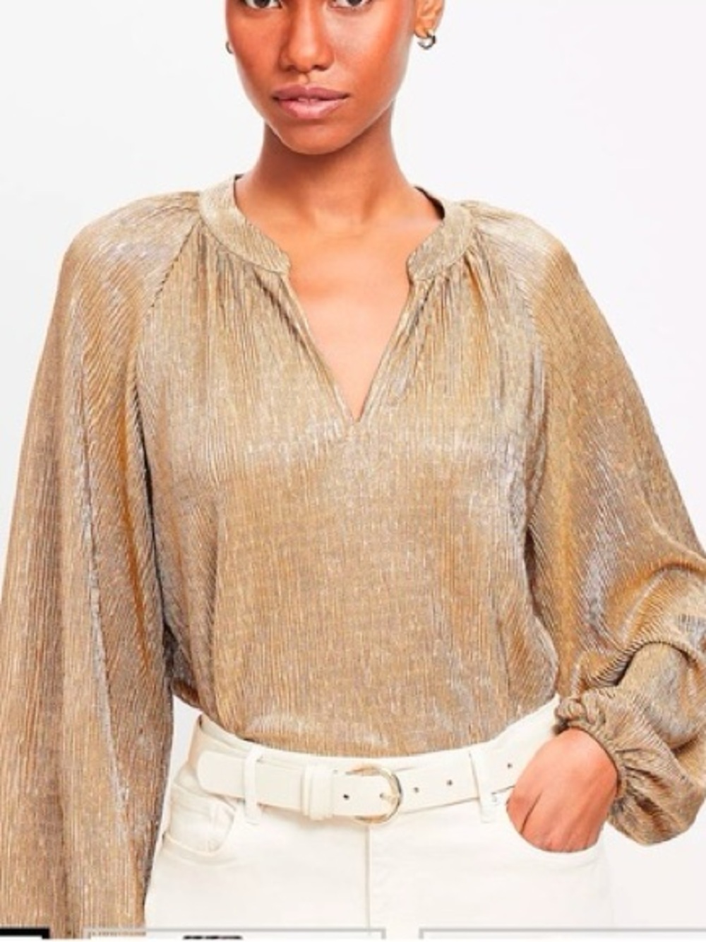 Loft Metallic Pleated Split Neck‎ Top statement 70s evening shimmer elegant